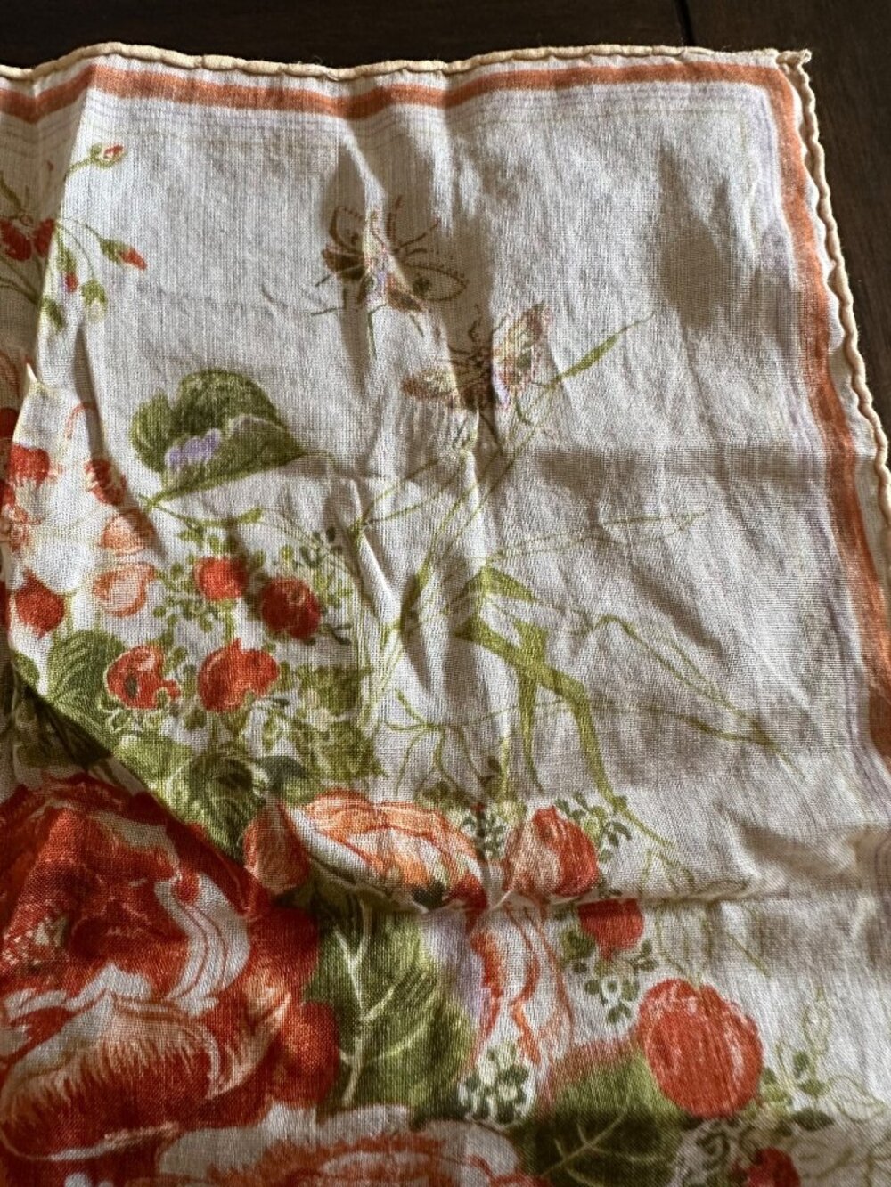 Vintage Flora Stoffels Handkerchief With Orange Roses & Bugs Print - Picture 9 of 16